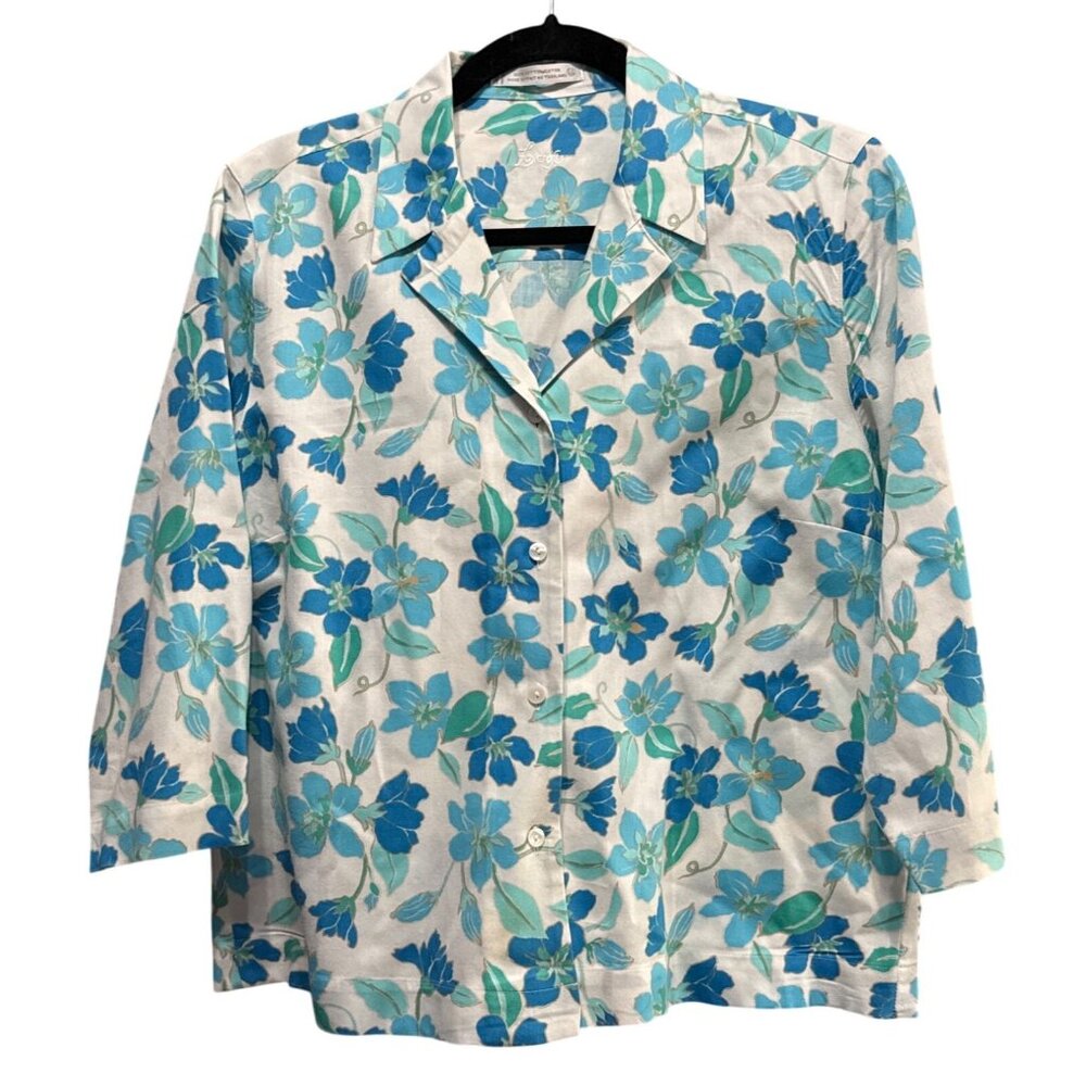 Foxcroft Womens Floral Cotton Shirt Size 12 Blue & Green 100% Cotton